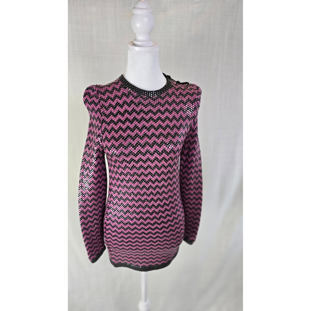 Vintage St. John by Marie Gray Pink & Black Chevron Sequin‎ Knit Sweater